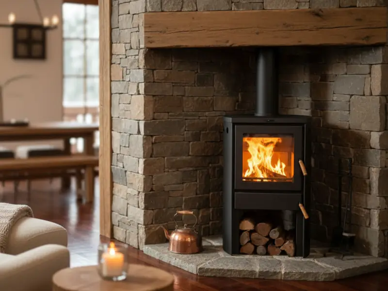 Estufa Fiamma 2002 con laterales curvos adaptada a un rincón